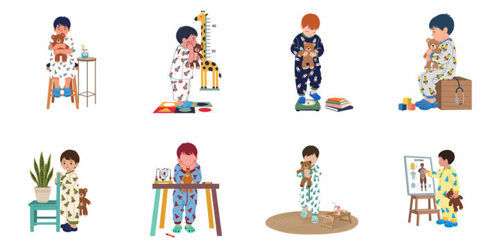 Collection of illustrations depicting a young boy in rocket pajamas at a pediatric clinic for regular health check-ups and growth monitoring.