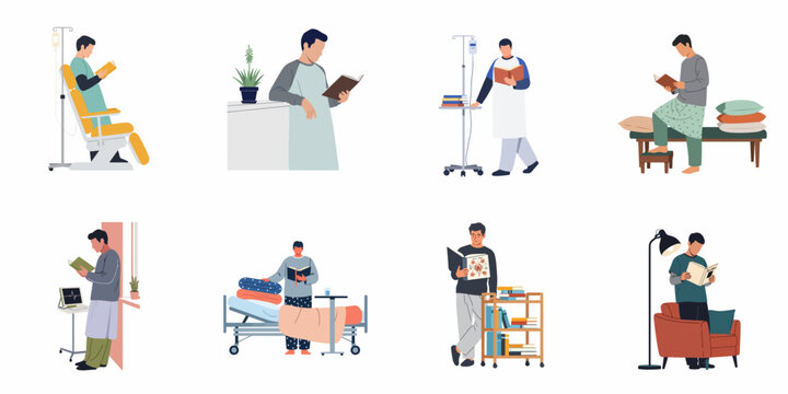 Set of Hospital Patients Reading Books for Recovery and Relaxation in a Medical Setting