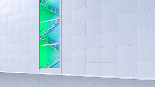 Modern architectural building facade with illuminated staircase window