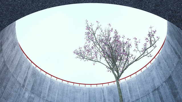 Flowering tree and modern urban architecture in 3D rendering
