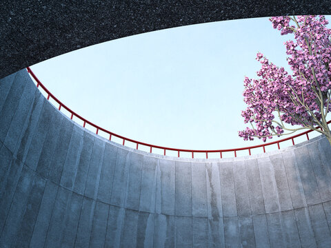 Modern urban architecture with concrete and blooming tree in 3d rendering