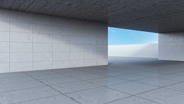 Modern urban concrete architecture with tile floor and open entrance