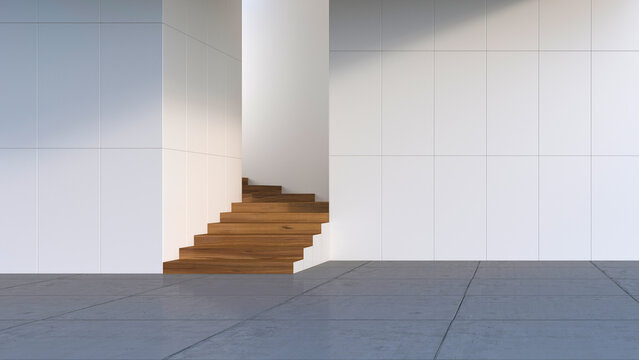 Modern wooden stairs and tiled entrance in minimalist architecture