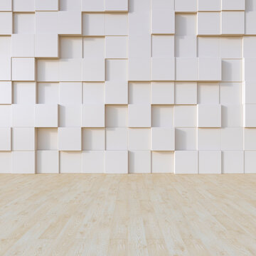 Modern abstract wall with geometric facade and wood floor in interior