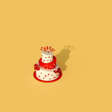 3d rendered birthday cake with red and white polka dots on yellow