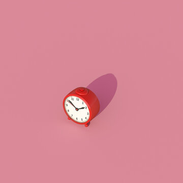 Red alarm clock with shadow on pink background symbolizing time