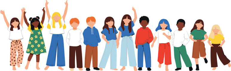 Fototapeta premium Set of diverse children and kids standing together wearing casual colorful clothing isolated on white background for education school friendship and community concepts vector illustration.