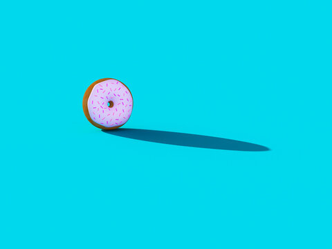 3D rendered doughnut with pink frosting and shadow on blue background
