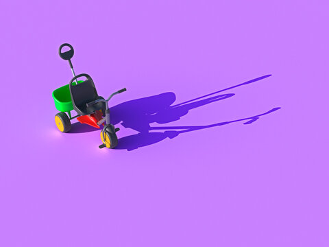 3d rendering of tricycle casting long shadow on purple surface