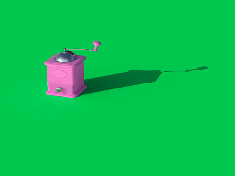 Retro pink coffee mill with long shadow on green background 3d rendering