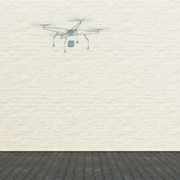 Shadow of drone on brick wall in urban outdoor setting 3d rendering