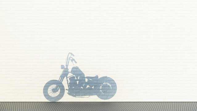 Shadow of a motorcycle on a white brick wall with copy space