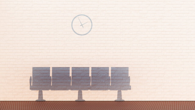 Shadow of chairs and clock in a row in empty waiting room