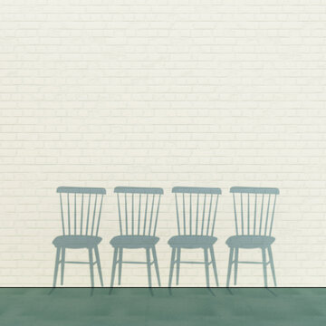Shadows of four chairs in a row against a brick wall in waiting room