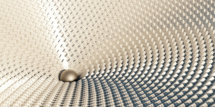 3D digital render of abstract beige sphere on textured geometric surface