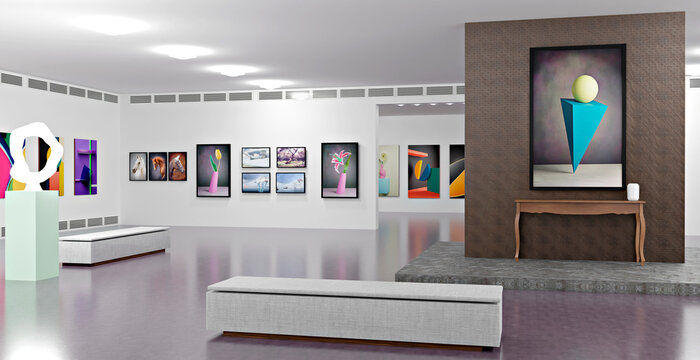 Modern art gallery interior with paintings and sculptures on display