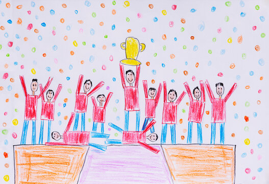 Naive illustration of soccer team celebrating with trophy