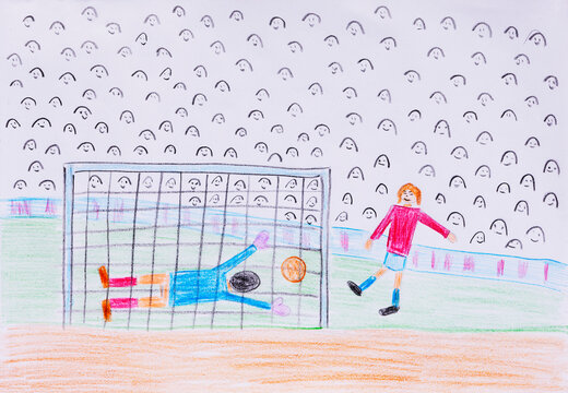 Naive child drawing of soccer goal scene in stadium with audience