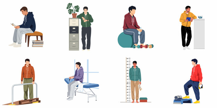 Illustrations of Men in Various Health-Related Scenarios including Fitness Exercises, Medical Consultations, Physical Therapy sessions, and Daily Wellness routines in a Minimalist Style