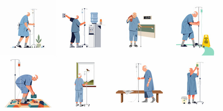 Set of illustrations showing an elderly male patient navigating daily activities with an IV drip and cane in a hospital or care facility.