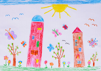 Naive child drawing of skyscrapers, flowers and butterflies on a meadow