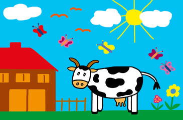 Naive illustration of cow standing by barn with butterflies and flowers