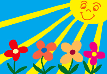 Naive flower illustration with smiling sun and sunbeams