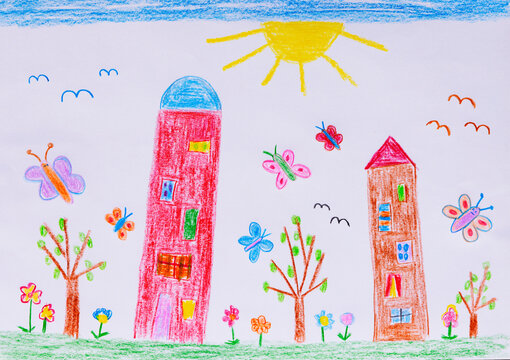 Naive child drawing of skyscrapers, flowers and butterflies on a meadow
