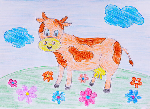 Naive illustration of a cartoon cow standing in a flower meadow