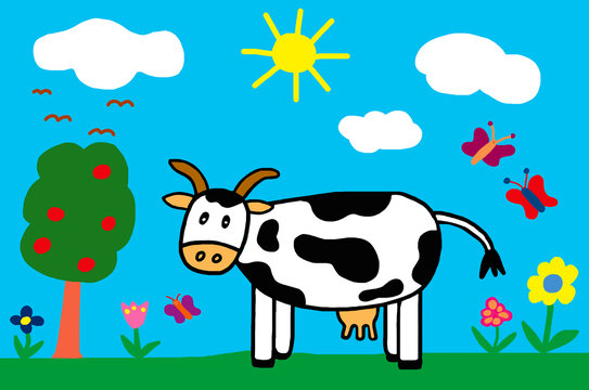Naive illustration of a cow standing in a meadow with flowers and butterflies