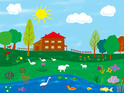 Naive farm illustration with barnyard animals and pond with fish