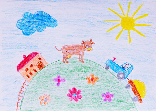 Naive child drawing of a farm with tractor cow house and flowers