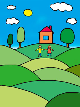 Naive drawing of happy couple holding hands outside house on meadow