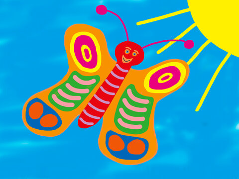 Colorful naive butterfly illustration with sun and blue background