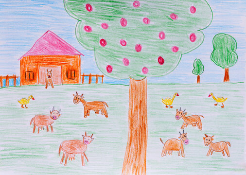 Naive child drawing of cows and ducks on a farm pasture