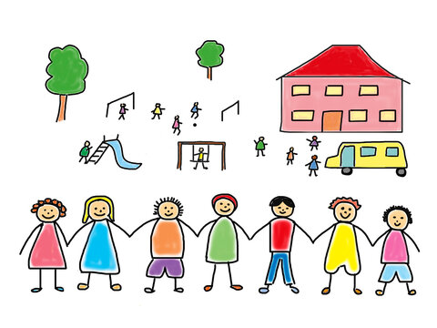 Happy children holding hands in front of a school building and playground