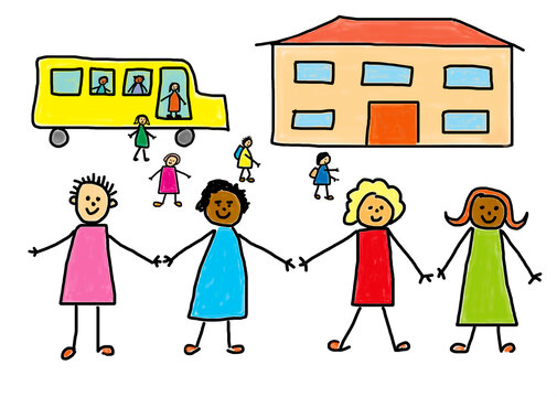 Naive illustration of happy children holding hands at school front