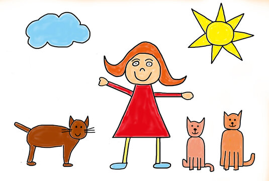 Happy girl with cats in a colorful child drawing outdoors