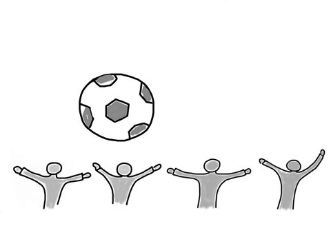 Fans cheering after soccer goal in naive childlike illustration