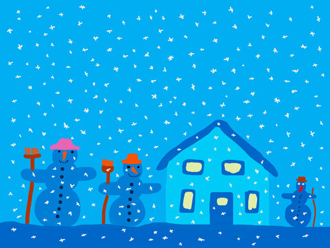 Naive illustration of snowy house and snowmen with falling snow