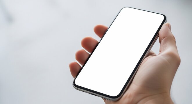 Hand holding a modern smartphone with a blank white screen against a light background.