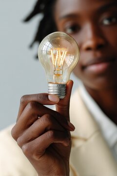 Female african adult holding glowing lightbulb closeup idea concept innovation energy creativity inspiration