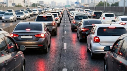 Fototapeta premium Heavy traffic jam on city highway at sunset generative AI