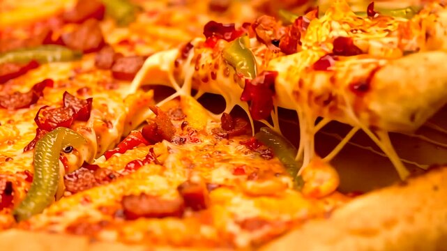 Freshly Baked Pizza with Melted Stretchy Cheese Close-Up