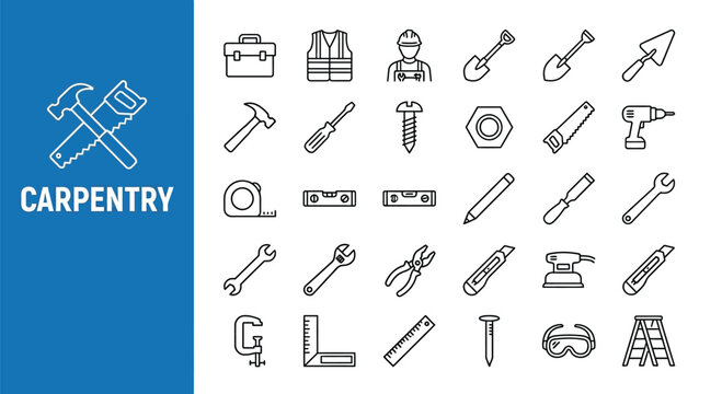 Collection of carpentry tools and equipment in a linear design