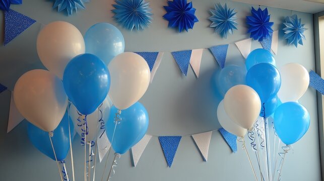 Bunch of blue and white helium balloons decorated with paper fans and triangular bunting flags on wall. Festive party background for celebration, birthday, wedding and event decoration.