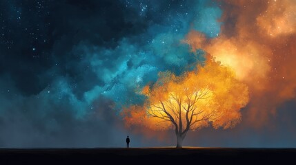 Fototapeta premium Man standing alone under glowing surreal tree against starry night sky. Dreamy cosmic landscape with nebula and galaxy. Concept of solitude, mystery and discovery in natural universe.