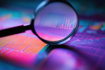 Fototapeta premium Magnifying glass neon stock charts data analytics insight for market trends and financial analysis on digital display