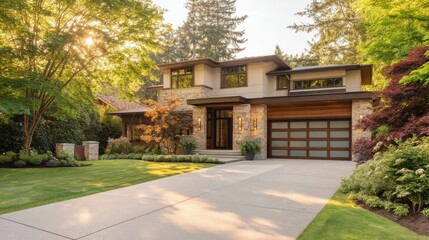Fototapeta premium Modern luxury house with stone facade and driveway. Beautiful residential exterior in natural landscape. Contemporary suburban architecture, real estate and home investment concept.