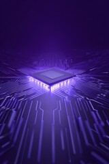 Fototapeta premium Purple microchip circuit neon motherboard glowing center with radiating electronic traces futuristic technology scene